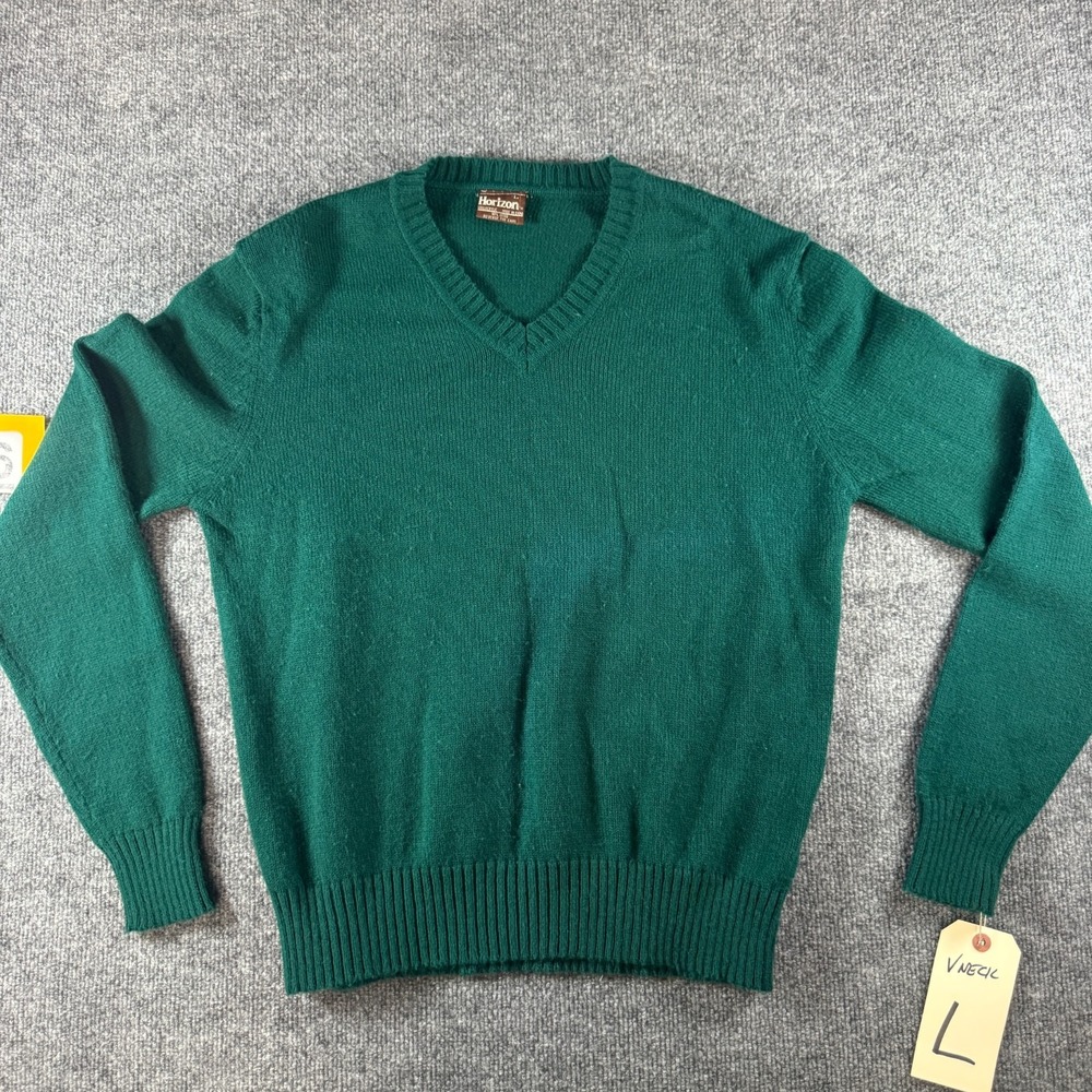 Vintage Horizon Sweater Mens L Green Gauge Knit V-Neck Retro Collegiate Pullover
